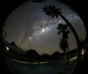 Das Milchstraßenzentrum über den Palmen der Astrofarm, Foto: A. Hänel, 2022